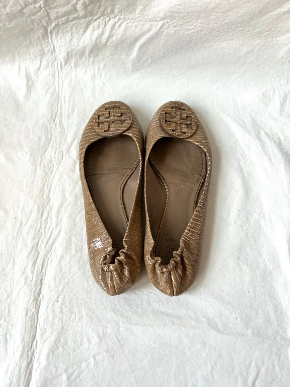Tory Burch ballet flats womens 9 tan brown leather lizard print slip on shoes